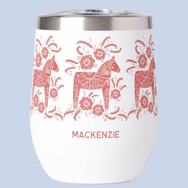 Suédois Dala Horse Rouge et Blanc Personnalisé (Red and white Swedish Dala horse Scandinavian folk art personalized custom name thermal wine tumbler)
