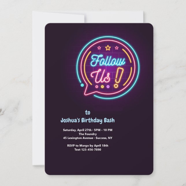 Suivez-nous Neon Anniversaire Fête Invitation (Devant)