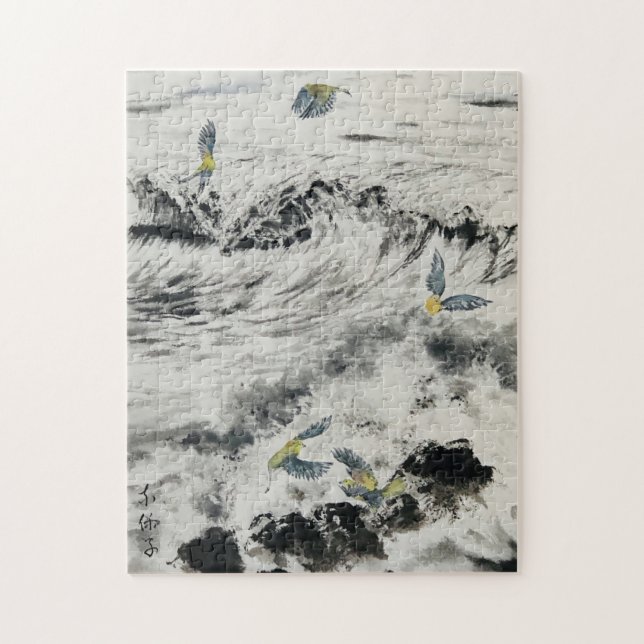 Sumi e Ocean puzzle avec des oiseaux verts (Vertical)
