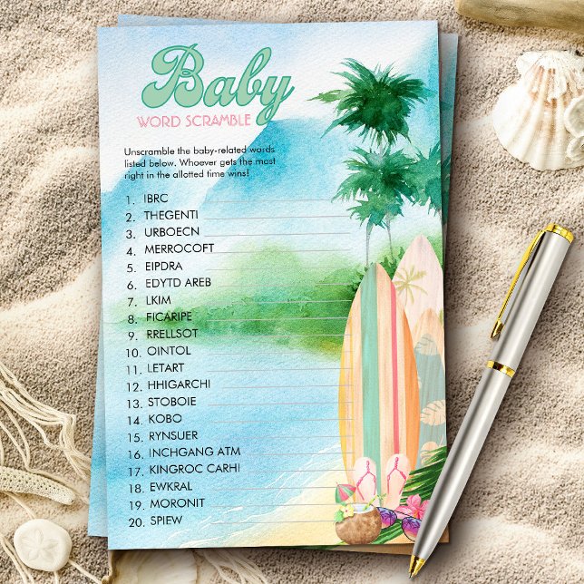 Summer Beach Mot Bébé Scramble Douche Jeu (Baby shower game with tropical beach surfing theme from my Baby on Board baby shower collection)