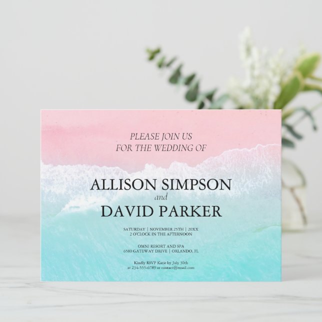 Summer Blue, Pink Ocean Beach Mariage Invitation (Debout devant)