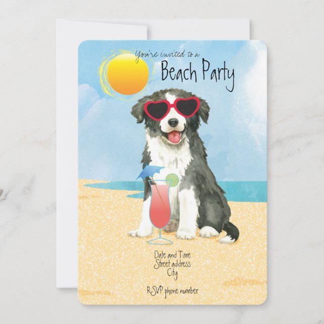 Summer Border Collie Beach Party Invitation (Devant)