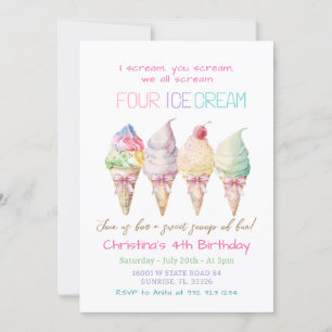 Summer Girl Ice Cream 4th Birthday Invitation