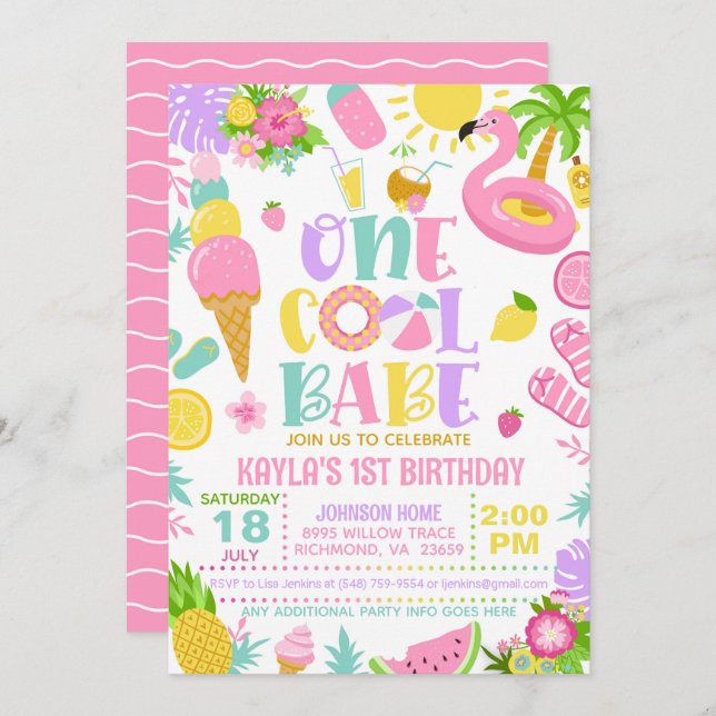 Summer One Cool Babe Birthday Party Invitation (Devant / Derrière)