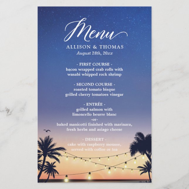 Summer Palm Beach Chaîne Mariage Lumière Menu (Devant)