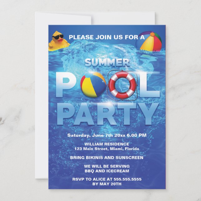 Summer Pool Party Blue Invitation (Devant)