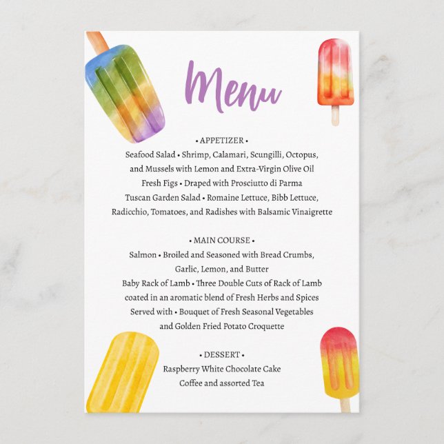 Summer Popsicle Books for Baby Shower Menu (Devant)