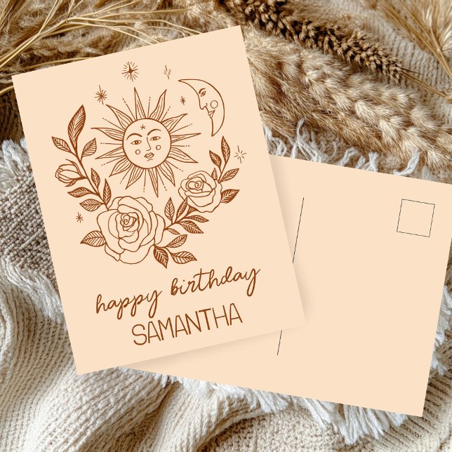 Sun Moon & Roses Boho Magical CARTES D'ANNIVERSAIR (Sun Moon & Roses Boho Magical CUSTOM NAME BIRTHDAY Postcard
)