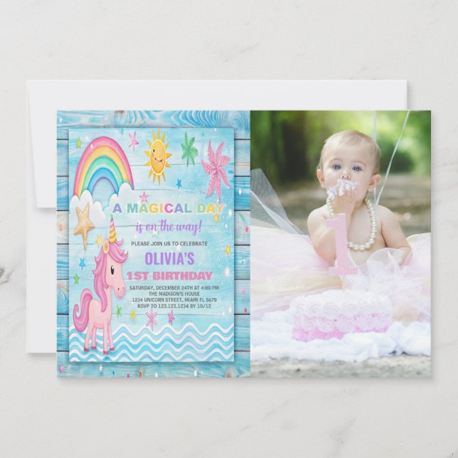 Sun Rainbow Unicorn Anniversaire Invitations avec  (Devant)