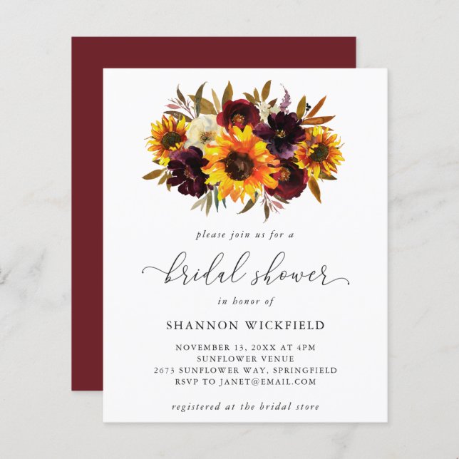 Sunflower Automne Budget Douche nuptiale Invitatio (Devant / Derrière)