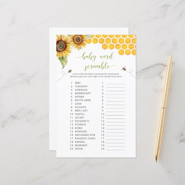 Sunflower Baby Word Scramble Baby shower Jeu (Devant/Arrière en situation)