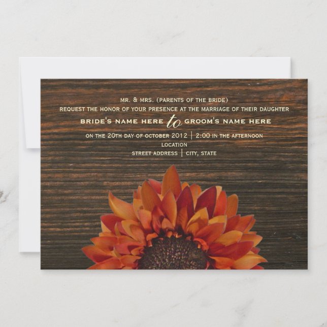 Sunflower & Barnwood Russe Faire-part de mariage (Devant)