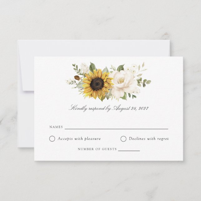 Sunflower Blanc Floral Vert Mariage RSVP Carte RSV (Devant)