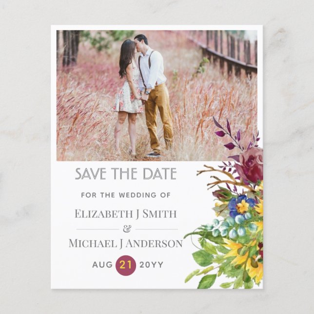 Sunflower Bourgogne Floral SaveDate Mariage Invite (Devant)
