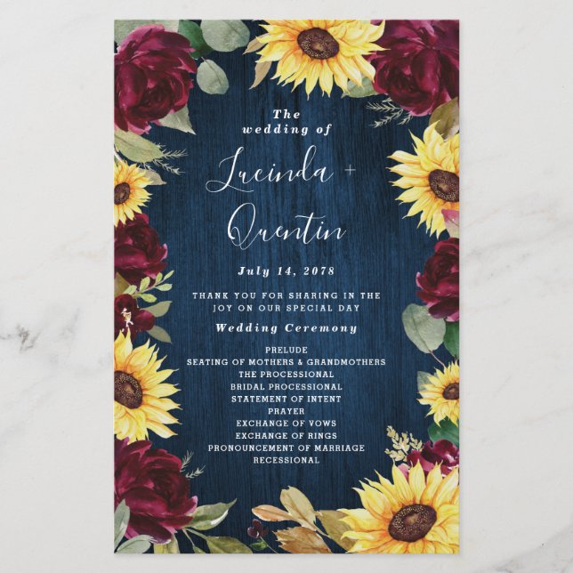 Sunflower Bourgogne Marine Blue Wedding Programmes (Devant)