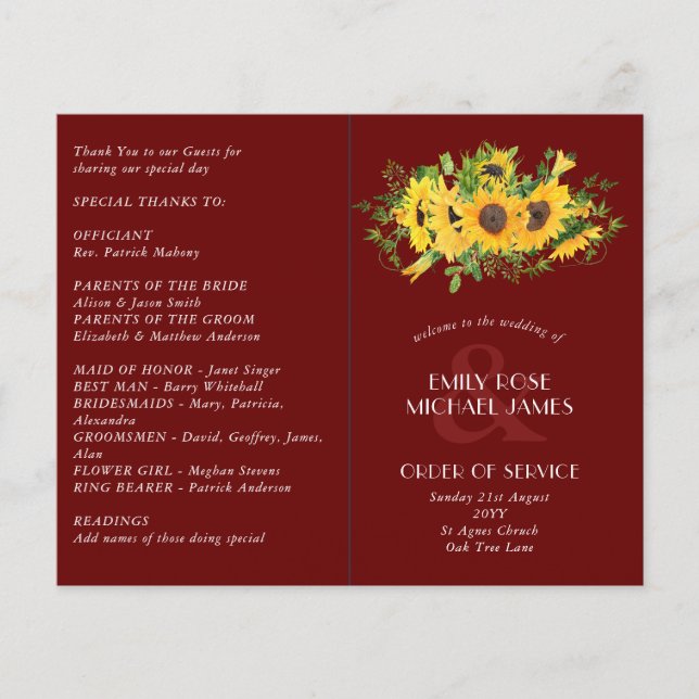 Sunflower Bourgogne Programme de mariage ou autre  (Devant)