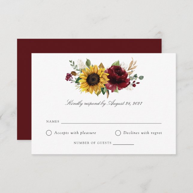 Sunflower Bourgogne vert mariage carte RSVP (Devant / Derrière)