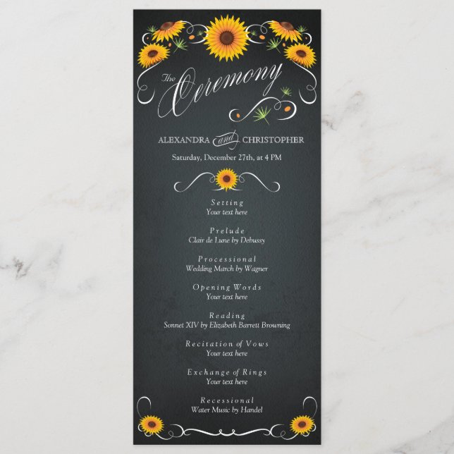 Sunflower Chalkboard Vintage Wedding Programme (Devant)