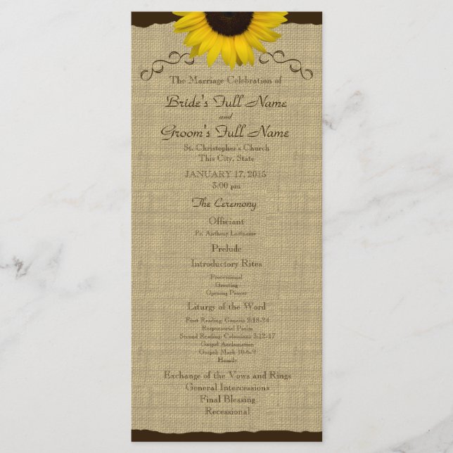 Sunflower Country Burlap Wedding Programme (Devant)