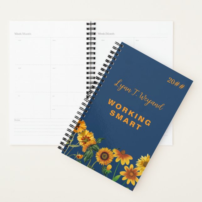 Sunflower Custom Name Bright Floral Planner (Devant avec enveloppe)