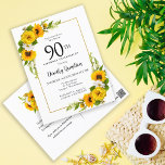 Sunflower Daisy 90th Birthday Party Invitation<br><div class="desc">Jolie carte fleurie de tournesol jaune 90ème anniversaire. Les tourbières jaunes et les marguerites blanches se mêlent aux tournesols. Un cadre en or rectangulaire lui donne une ambiance élégante. Très facile à customiser. Le fond est doté d'un bouquet de tournesol. C'est parfait pour un anniversaire d'été. Cet article fait partie...</div>