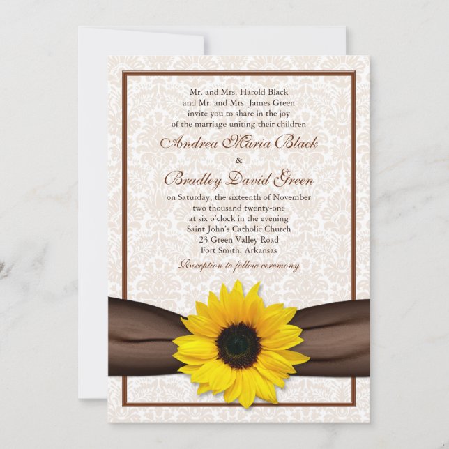 Sunflower Damask Floral Faire-part de mariage (Devant)