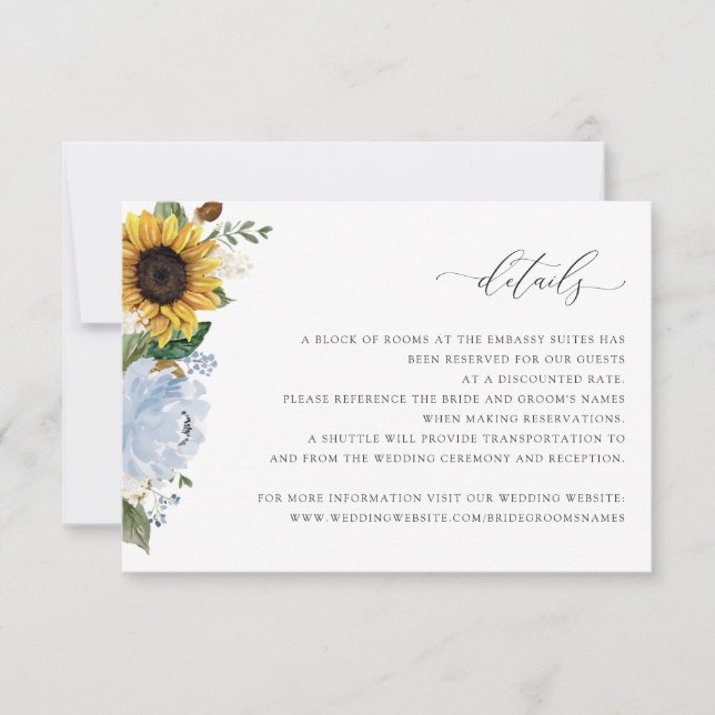 Sunflower Dusty Blue Floral Mariage Détails Carte (Devant)