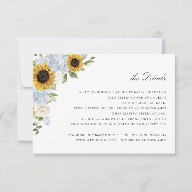 Sunflower Dusty Blue Floral Mariage Détails Carte (Devant)
