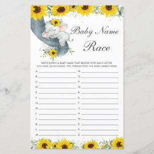 Sunflower Elephant Nom du Baby shower Course Jeu