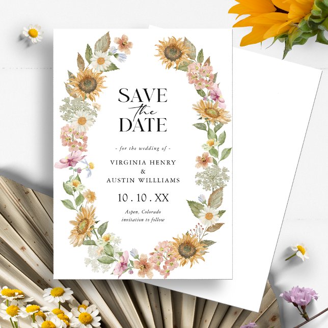 Sunflower Enregistrer la carte Date (Watercolor Wildflower Sunflower Wreath Floral Save the Date Card by Painted Paperie
)