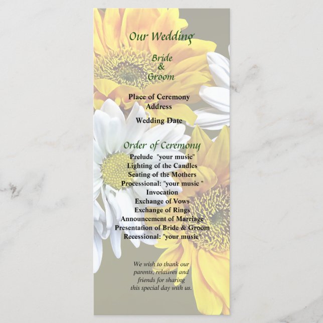 Sunflower et Daisies Programme de mariage (Devant)