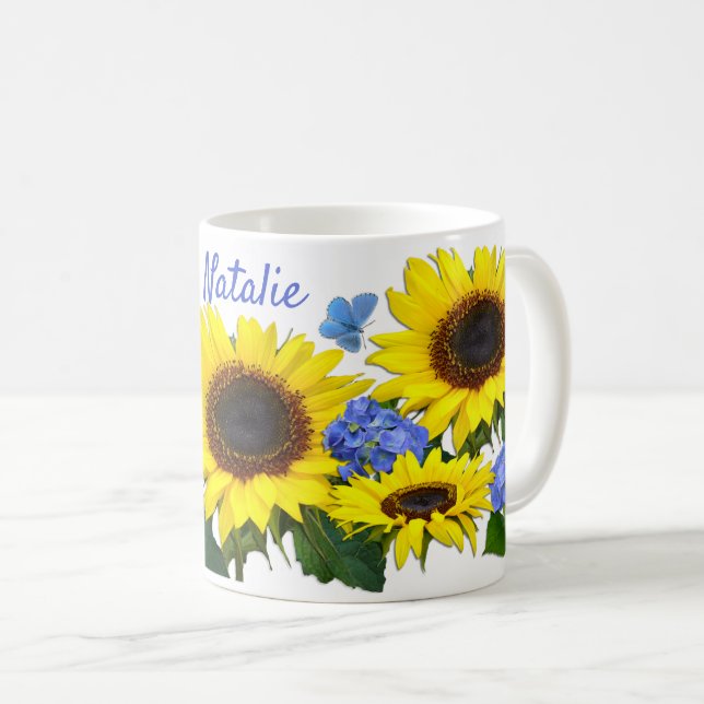 Sunflower et Hydrangea Nom personnalisé Coffee Mug (Devant droit)