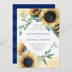 Sunflower et marine Blue Rustic Wedding Invitation