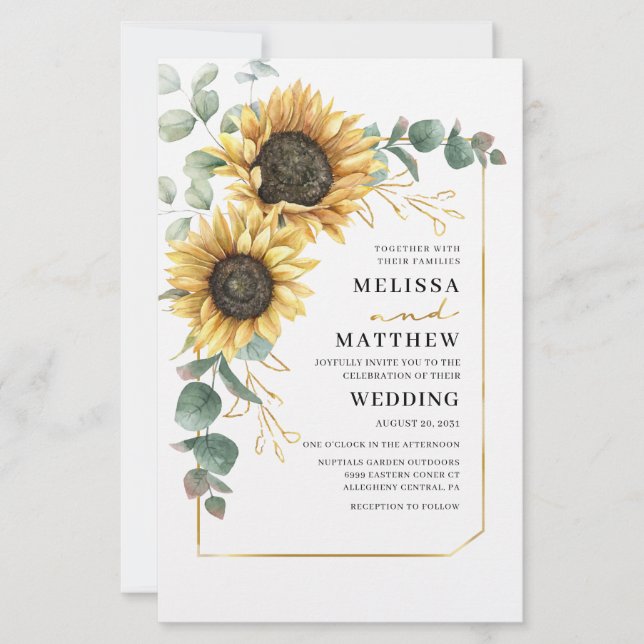 Sunflower Eucalyptus Faire-part de mariage de verd (Devant)