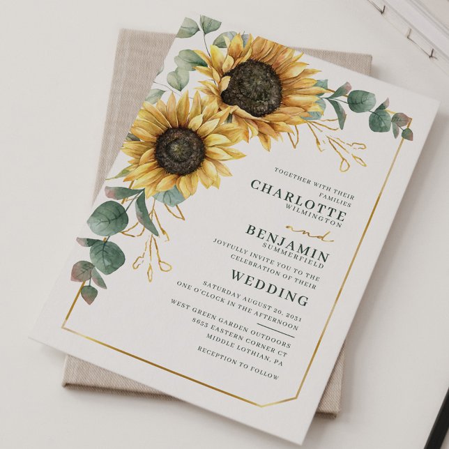 Sunflower Eucalyptus Floral Faire-part de mariage (Sunflower Eucalyptus Greenery Bloom Modern Wedding Invitation)
