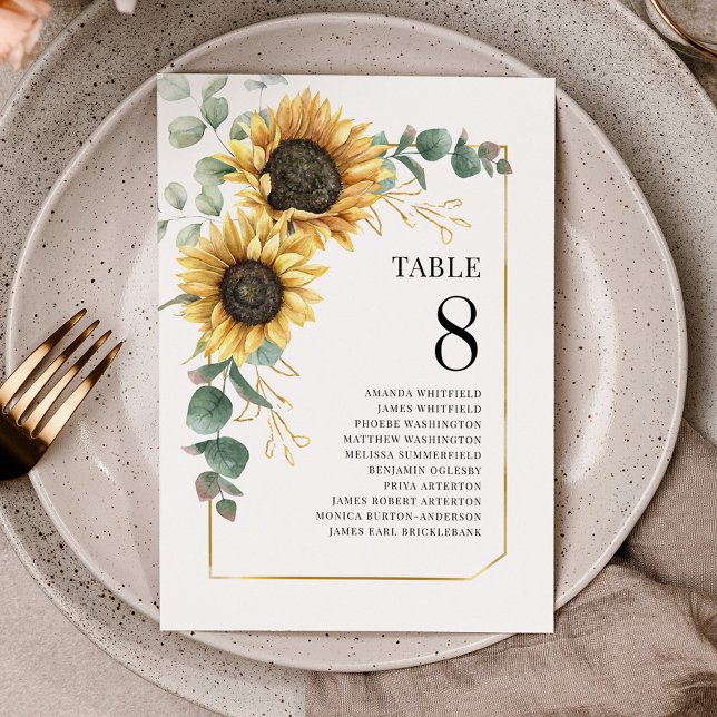 Sunflower Eucalyptus Numéro de table Siège Mariage (Sunflower Eucalyptus Floral Table Number Seating Chart Card)