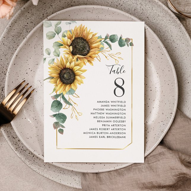 Sunflower Eucalyptus Numéro de table Siège Mariage (Floral Sunflower Wedding Seating Table Number)