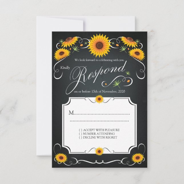 Sunflower Floral Chalkboard Vintage Wedding RSVP (Devant)