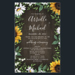 Sunflower Floral Rustic Wood Programmes Mariages d<br><div class="desc">Le design se compose d'un arrière - plan en bois de grange marron décoré de marguerites aquarelles,  de tournesols,  de verdure,  d'eucalyptus,  de souffle de bébé et de lis de la vallée.</div>