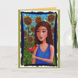 Sunflower Forest, Girl & Red Bird - carte de voeux