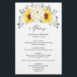 Sunflower Ivory Peony Eucalyptus Menu Mariage<br><div class="desc">Élégant menu mariage moderne fleuri du milieu de l'été, avec un bouquet d'hydrangée de tournesol aquarelle et des pivoines dans les tons jaune riche, ivoire, avec feuilles botaniques verdoyants et eucalyptus. S'il vous plaît trouver d'autres modèles et variantes de mon magasin "blissweddingpaperie". Et n'hésitez pas à me contacter pour plus...</div>