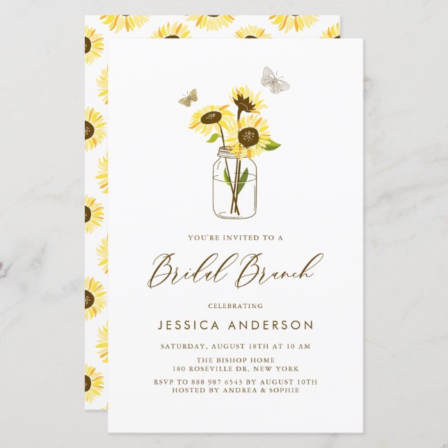 Sunflower jaune dans Jar Bridal Brunch Invitation (Devant / Derrière)