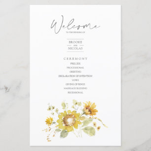 Sunflower Jaune Programme de mariage rustique