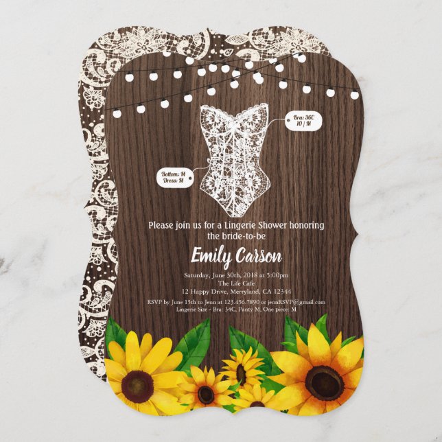 Sunflower lingerie douche invitation bois rustique (Devant / Derrière)