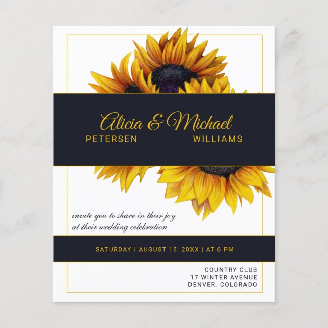 Sunflower marine or faire-part de mariage moderne (Devant)
