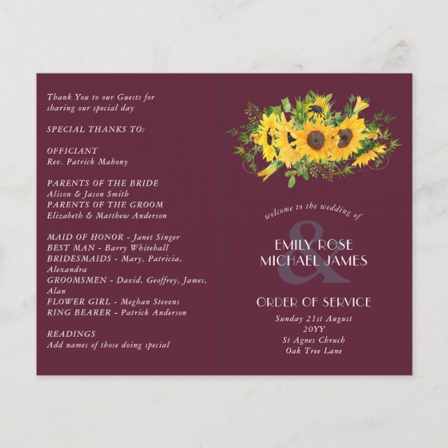 Sunflower Maroon Wedding Program ou autre événemen (Devant)