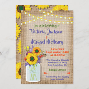 Sunflower Mason Jar Burlap Invitations de mariage