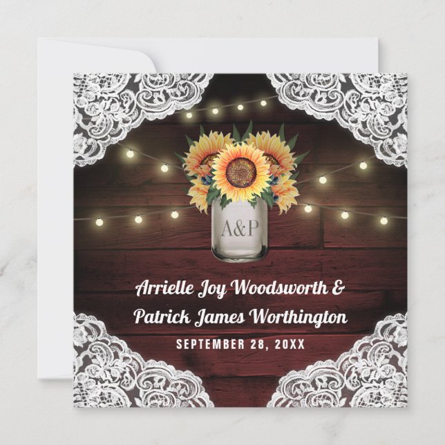 Sunflower Mason Jar Dentelle en bois Invitations d (Devant)