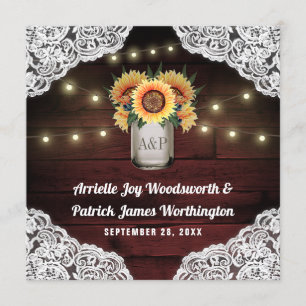 Sunflower Mason Jar Dentelle en bois Invitations d