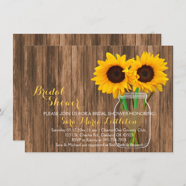 Sunflower Mason Jar Invitations Fêtes des mariées (Devant / Derrière)